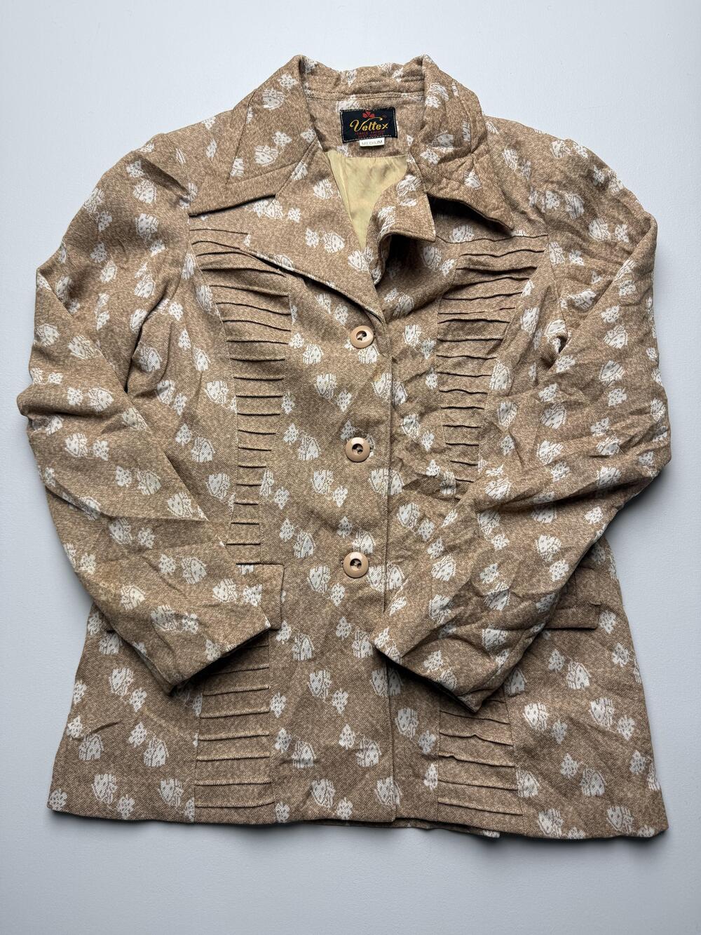 Vintage Veltex Blazer Womens Medium Beige Floral Tweed Button Front Pleated